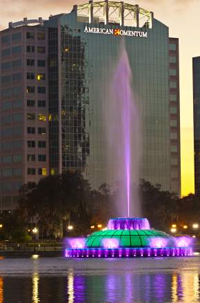 Fountain at Lake Eola in downtown Orlando at dusk