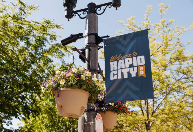 Colorful flowers hanging on a flag pole with welcome sign in downtown rapid city, sd
