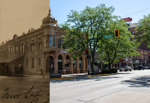 A split-view photo of the Buell Building in downtown Rapid City. The left third of the photo shows a yellowed historic photo of the building circa 1920s, while the right two thirds is a modern day view, complete with street lights, cars parked along the street, and mature green trees.