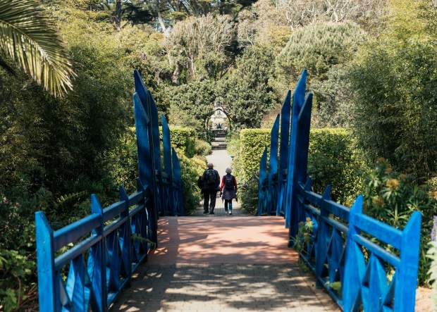 View of the blue bridge at Tresco Abbey Garden