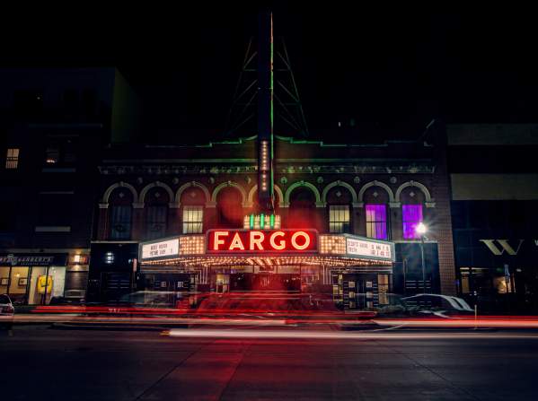 nighttime shot of the Fargo Theatre lit up