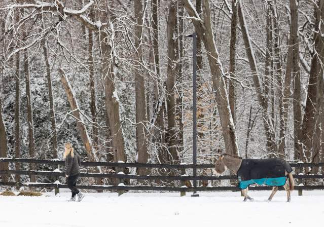 Woman Leading Horse in Snow at the Stables at Medowood.