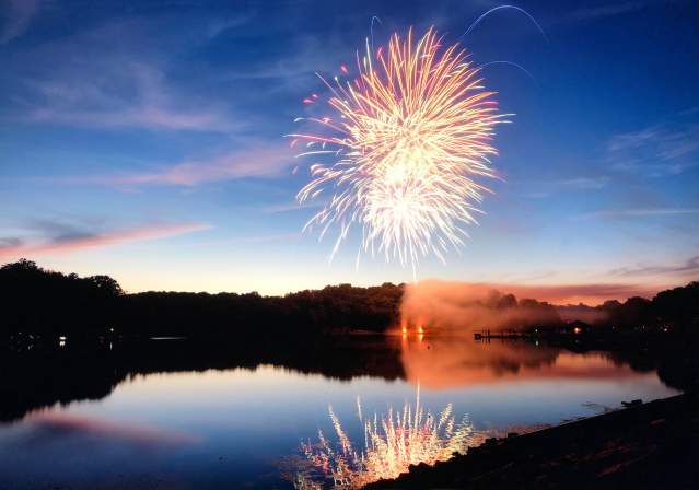 Fireworks over a lake
