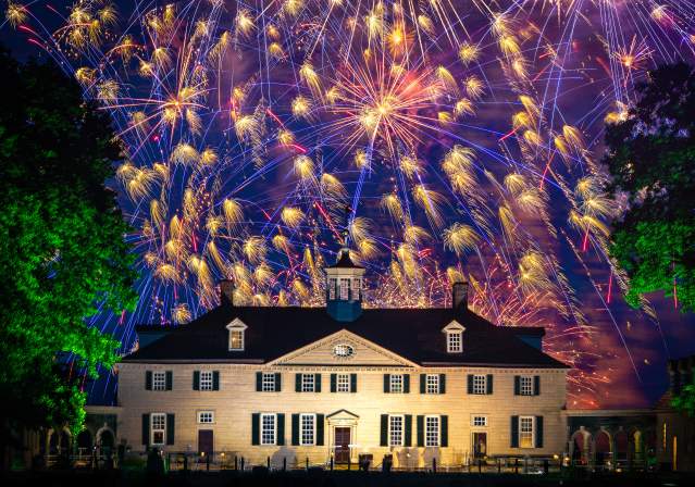 The West Front of Mount Vernon With Many Fireworks in the Background.