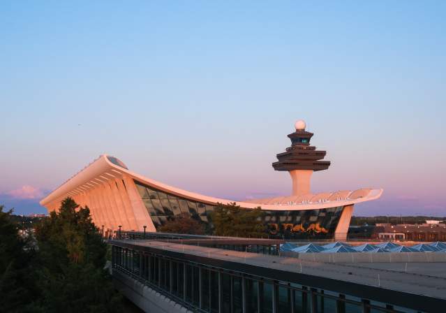 Washington Dulles International Airport during sunset.