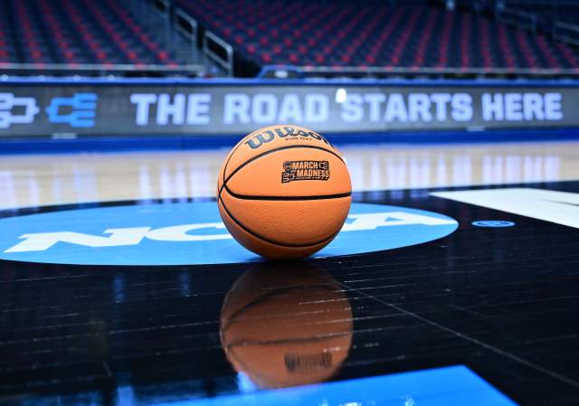 NCAA First Four promo photo showing a basketball on a court