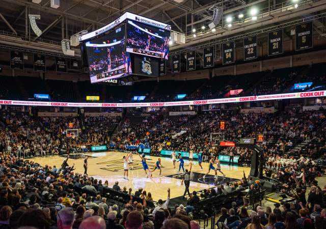 A wide shot of LJVM Coliseum as Parker Freidrichsen takes a shot against Pitt in February 2024