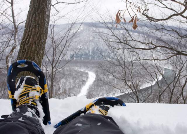 Booted feet in snowshoes overlooking a snow covered overlook
