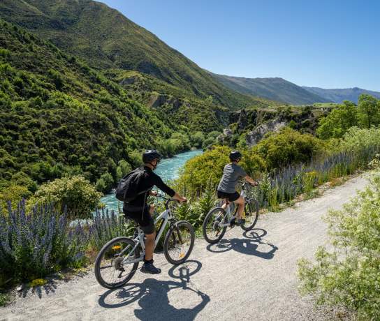 Two people biking along a blue river with wild flowers