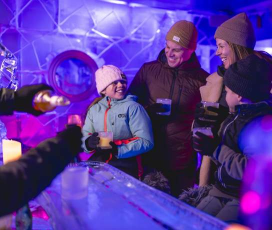A family of four enjoying drinks in an ice bar, surrounded by illuminated ice sculptures and glowing purple and blue lighting. They are dressed warmly in coats, hats, and gloves, smiling and sharing a joyful moment.