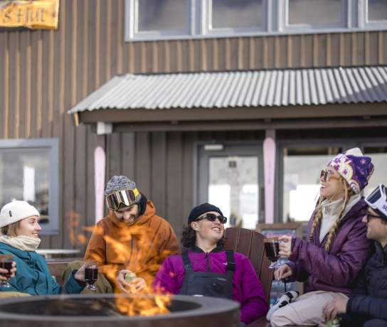 Group of friends sitting around a fire pit at Heidi's Hut Coronet Peak