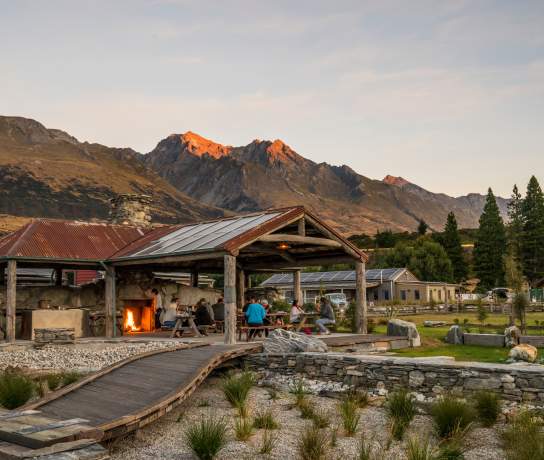 The Headwaters Eco Lodge outside shot at sunset