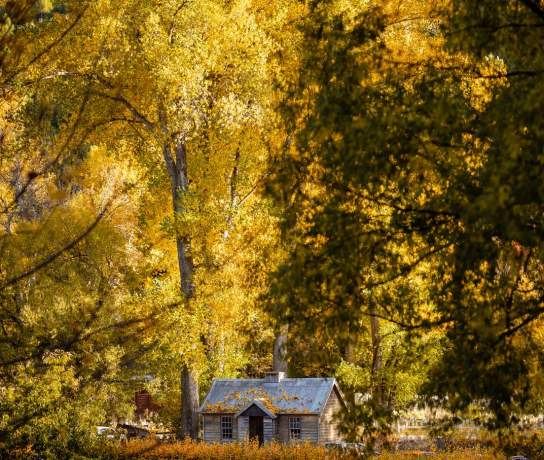 A stunning photo of the Arrowtown Police Hut in autumn