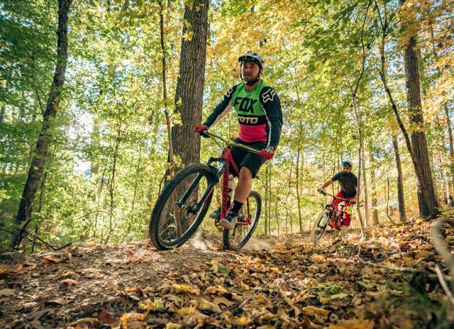 2 men riding bikes through woods