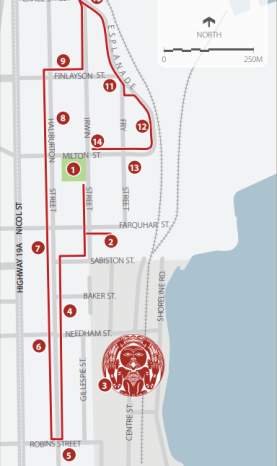 A tour map of the south end of Nanaimo, listing different historical places.