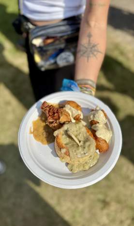 Patton's Caterers Combo Plate featuring Crawfish Sack, Oyster Patty and Shrimp Beignets - Jazz Fest