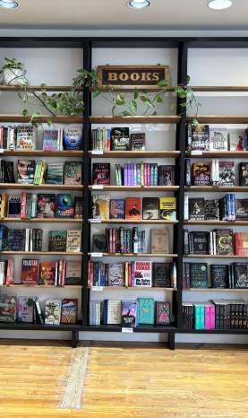 Books stacked on a bookshelf.