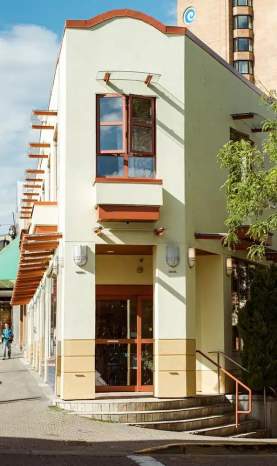 A narrow corner building.