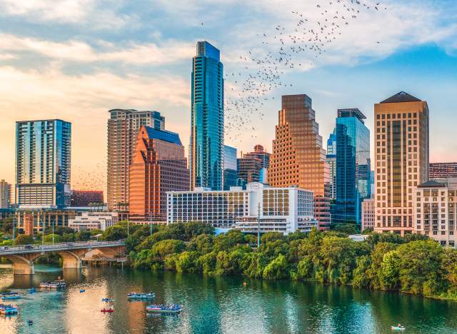 bats flying from the congress bridge in front of Austin skyline at sunset