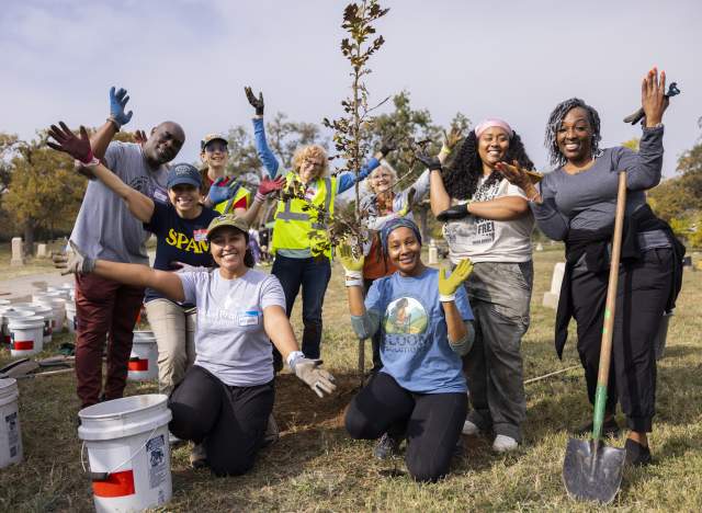 Group of volunteers posing with arms wide in front of a newly planted tree sapling.