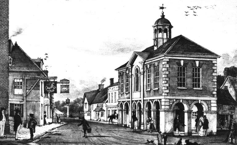 Illustration showing Christchurch Old Hall in it's former position further down the High Street