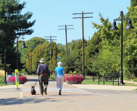 A senior couple walking with their dog on the B-Line Trail