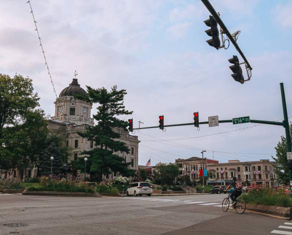 A person riding a bike on The Square