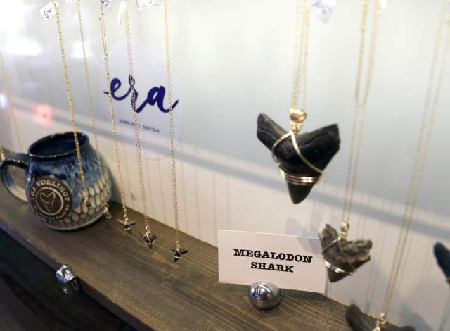 Megalodon necklaces in case at The Workshop in Wrightsville Beach