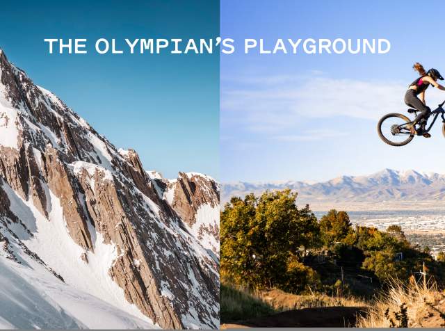 Skier on snowy mountain and the mountain range lines up with the mountain behind a mountain biker jumping over some rocks
