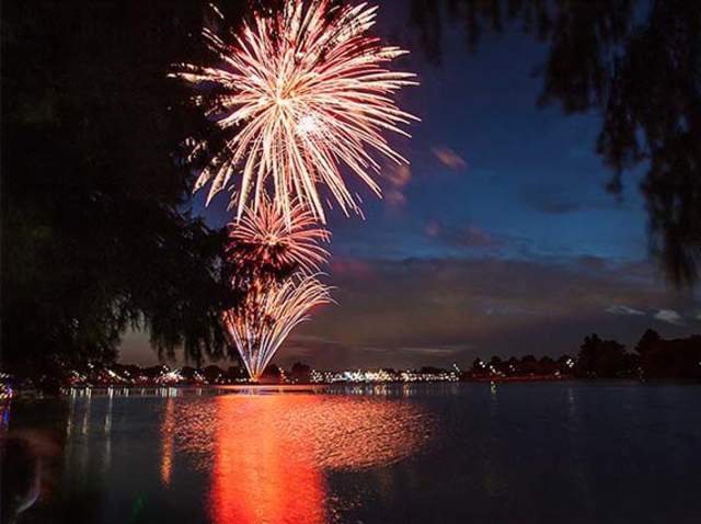 Fireworks over lake