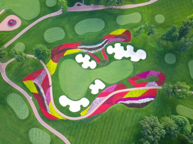 Stunning views from the sky, of the iconic Flower Hole at SentryWorld Golf Course in the Stevens Point Area.