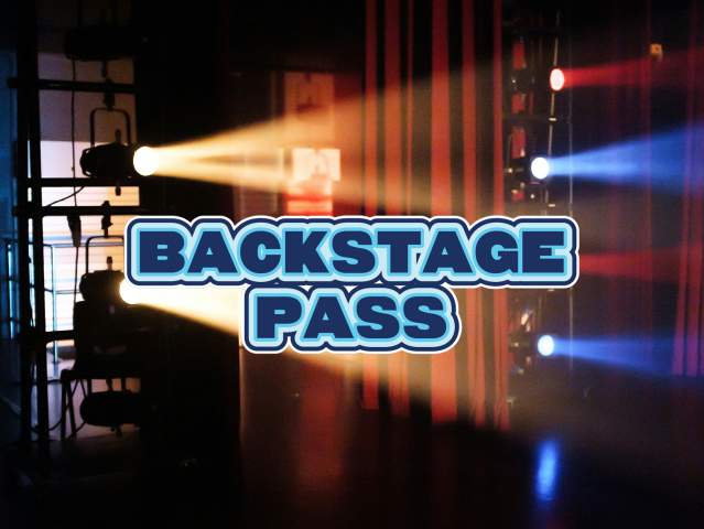 Graphic Words "Backstage Pass" on top of a photo of stage lights shining backstage.