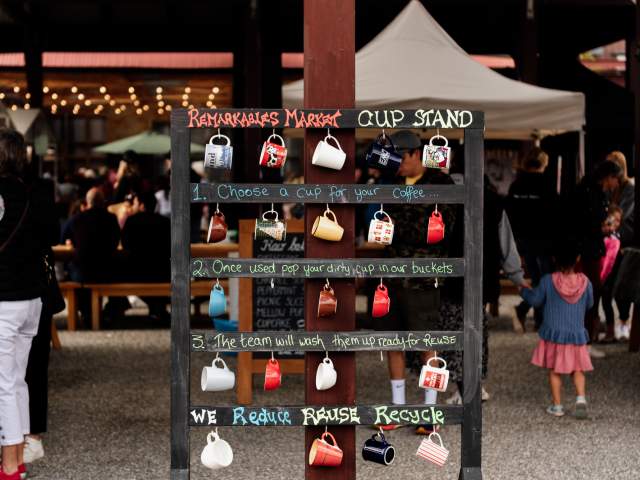 Mugs hanging up in the Mug library, Remarkables Market