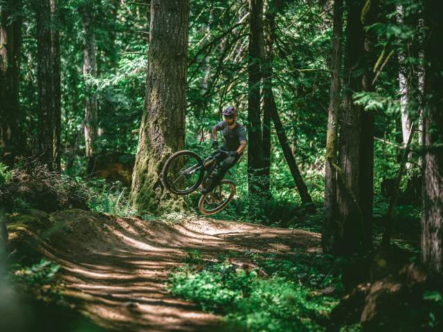 Some mountain biking doing a jump in a forest.