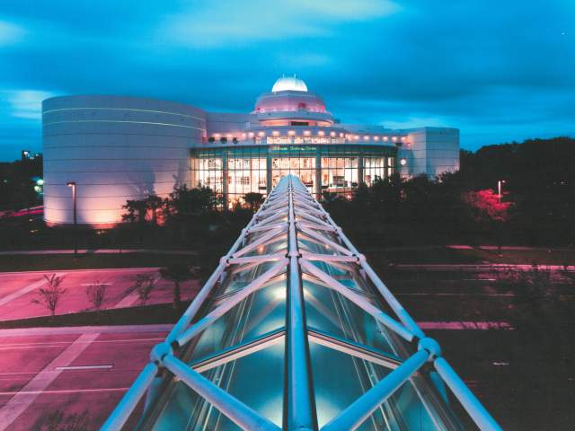 Orlando Science Center exterior bridge dusk