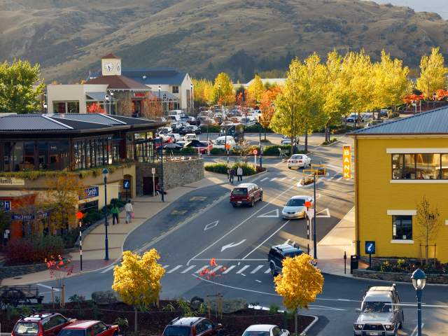Aerial of shopping complex in autumn