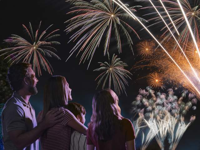 A family watching a fireworks show over Orlando.