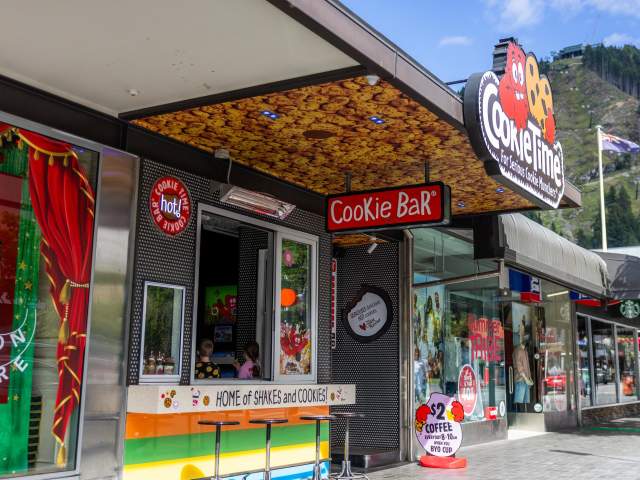 Outside view of Cookie Time with colourful signage