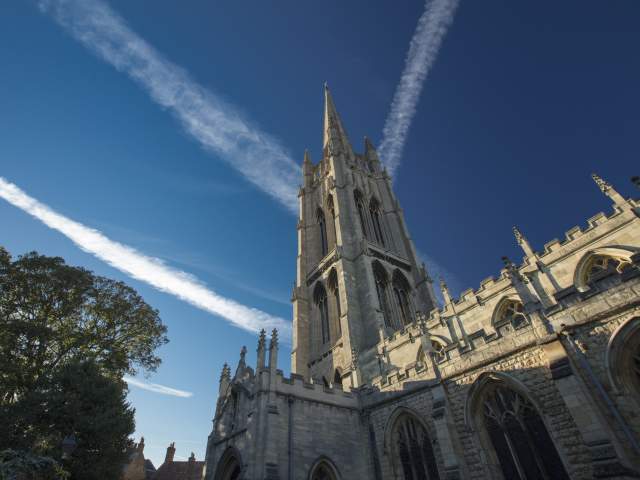 Looking up at the spire of St James' Church, Louth in the Lincolnshire Wolds.
