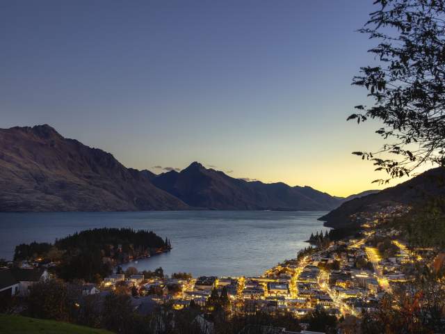 Queenstown at Dusk looking over the centre town Walter Peak
