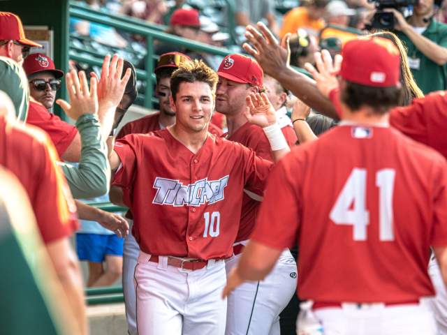 Players high-fiving at a Fort Wayne TinCaps Baseball game.