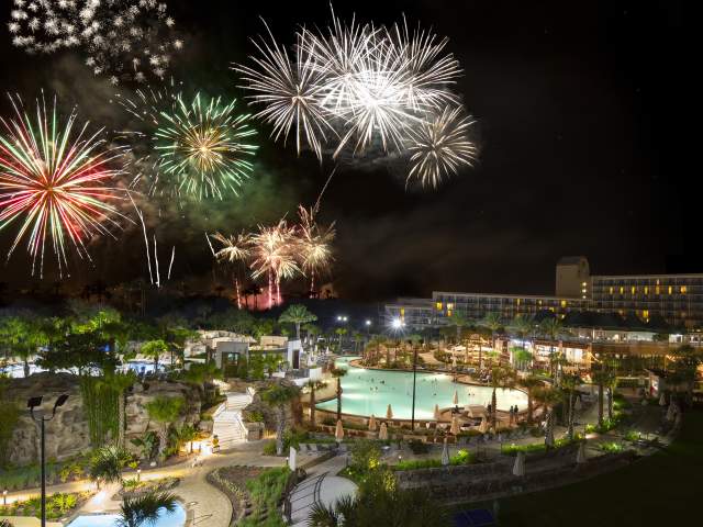 Orlando World Center Marriott hotel fireworks at night