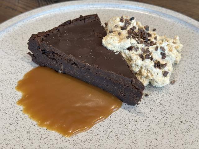 Chocolate Torte with espresso mascarpone, caramel, & meringue