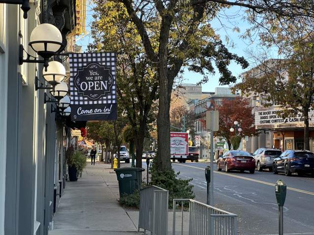 Picture of Downtown Lewisburg Street View with flag saying "Come in We're Open"