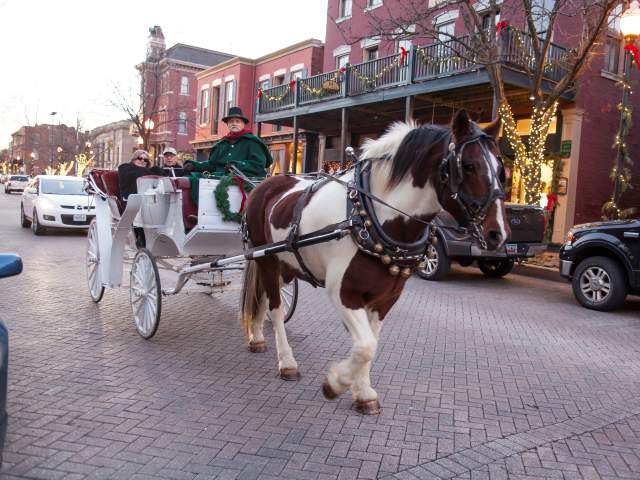 A horse-drawn carriage decked out for Christmas Traditions travels through historic St. Charles.