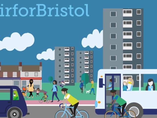 An animated graphic of cars, bikes and buses with #CleanairforBristol written in light blue at the top of the image - Credit Bristol City Council