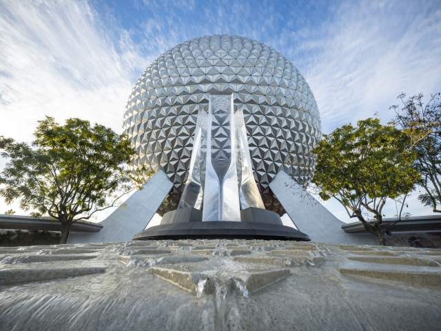 Water feature in front of Spaceship Earth at Epcot®