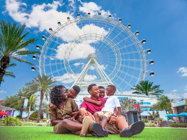 ICON Park family sitting on lawn in front of The Wheel