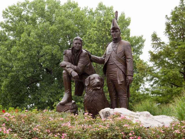 Bronze statue of Lewis and Clark and their Newfoundland dog, Seaman, in St. Charles, MO.