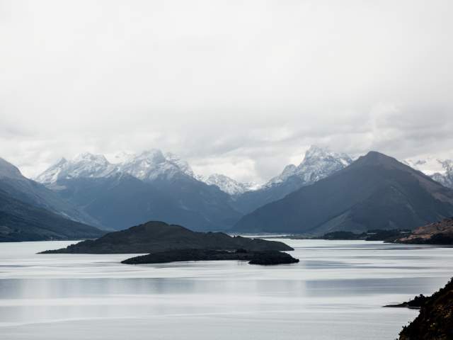 Lake and snow covered mountains from a scenic look out